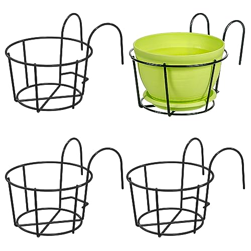 Leoenir 4 Pack Round Hanging Railing Planters - Metal Flower Pot Holder for Balcony and Fence （Black）