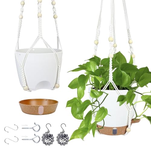 Hanging Planter for Indoor Plants 8 Inch, 2 Pack, Self Watering | Hanging Baskets Flower Pots with Drainage Hole,Visible Water Window, Metal Chain & Macrame Plant Hangers for Outdoor - color: White, size: 8 inch