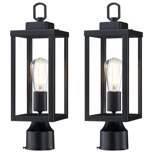 Outdoor Post Light Fixture, Tempered Glass, Black, 2 Pack | Exterior Pole Lantern for Yard Garden Pathway, Waterproof Rustproof Galvanized Metal, E26 Socket, 60W Max - color: Black, size: 2pk