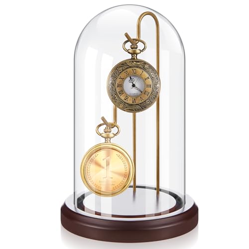 Beeveer 1pc 4x7 Pocket Watch Display Case 2 Hook Walnut Gold | Wooden Base Glass Dome Cloche, Stable Metal Holder, Hold Watches Medals Collectibles, Desktop Shelf Decor, for Collectors - color: Walnut Gold, size: 2 Hooks