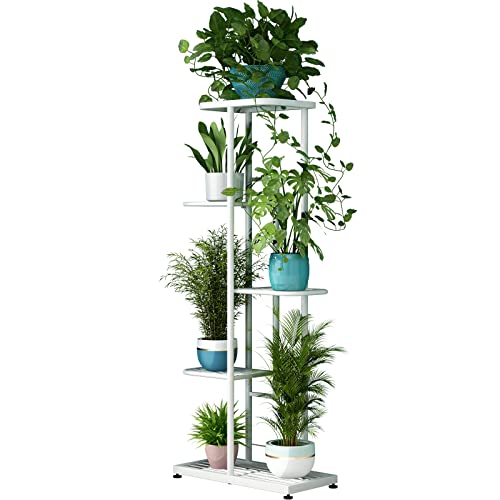 LINZINAR Plant Stand Metal 5 Tier 6 Potted Multiple Flower Pot Holder Shelf Indoor Outdoor Planter Display Shelving Unit for Patio Garden Corner Balcony Living Room (5 Tier 6 Potted, White) | Space Saving,6 Potted Multiple Flower Pot Holder,Tiered Plant R