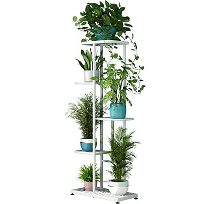 LINZINAR Plant Stand Metal 5 Tier 6 Potted Multiple Flower Pot Holder Shelf Indoor Outdoor Planter Display Shelving Unit for Patio Garden Corner Balcony Living Room (5 Tier 6 Potted, White) | Space Saving,6 Potted Multiple Flower Pot Holder,Tiered Plant R