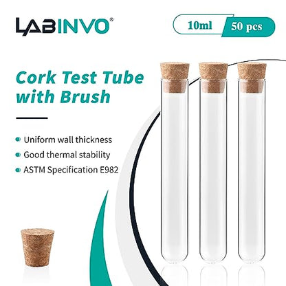 10ml Glass Test Tubes with Cork Stoppers and Brush, Round Bottom, Thickness 1.0-1.2, 15x100mm, Pack of 50, for Plants, Bath Salts, Party Decoration, Scientific Experiments, IN-TTS02 - style: 50 PCS of 10ml,with brush& crock