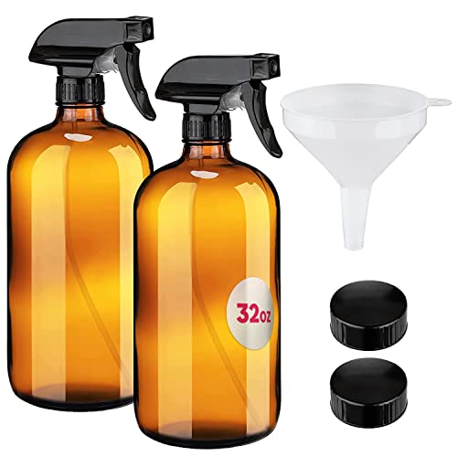 kitchentoolz Large 32oz Amber Glass Gardening Spray Bottles with Funnel - Refillable Trigger Sprayer Container for Plant Misting, Hair Salon, Indoor and Outdoor - size: 32 Ounces