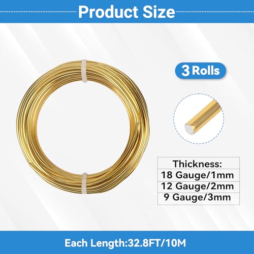 3 Rolls Aluminum Craft Wire Kit with Side Cutter Pliers, Multi-Size [18/12/9] Gauge, Flexible Metal Wire Set for Jewelry Making, Bonsai and Sculpting (98.4 Ft Total, 32.8 Ft/Roll, Gold) - size: 3 Gauges Set 32.8Ft Each, style: Gold