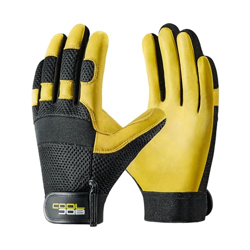 COOLJOB Breathable Mesh Cowhide Leather Work Gloves with Grip, Thorn Resistant Gloves for Gardening Pruning, 1 Pair, S-XL - size: X-Large
