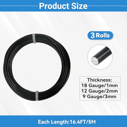 3 Rolls Aluminum Craft Wire Kit with Side Cutter Pliers, Multi-Size [18/12/9] Gauge, Flexible Metal Wire Set for Jewelry Making, Bonsai and Sculpting (49.2 Ft Total, 16.4 Ft/Roll, Black) - size: 3 Gauges Set 16.4Ft Each, style: Black