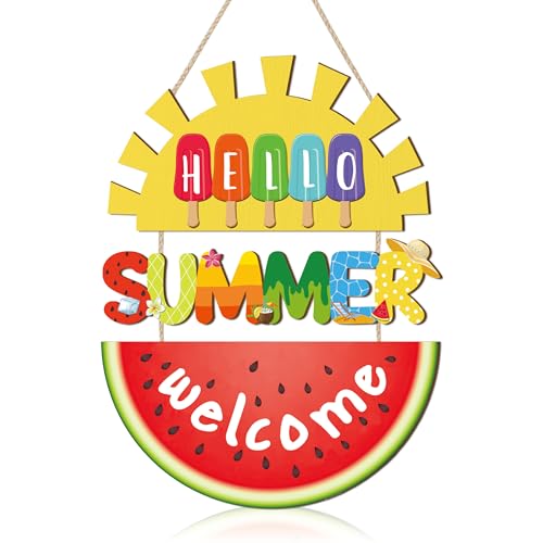 HOURIA Hello Summer Welcome Front Door Sign,11.4"*14.6"Inch Watermelon Sunshine Wood Hanging Plaque for Wreath,Colorful Summer Ice Cream Door Hanger for Porch Garden Farmhouse Indoor Outdoor - color: Watermelon Sign