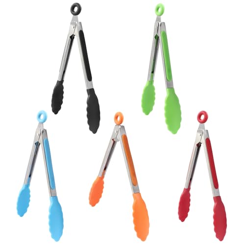 5 Pack 7" Mini Silicone Tongs Small Kitchen Tongs | Locking, Heat Resistant, For Barbecue and Buffet Serving, Food Tongs