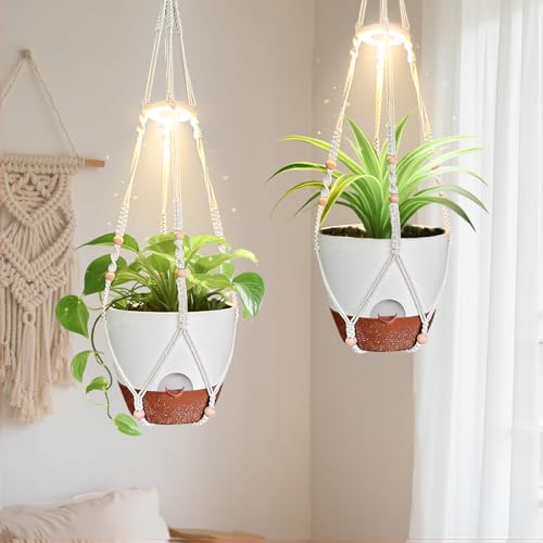 2 Pack Self Watering Hanging Planters with Grow Light for Indoor Plants - color: Self Watering White(daylight), size: 10 Inch
