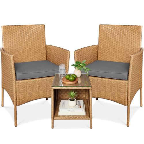 Best Choice Products 3-Piece Outdoor Wicker Conversation Bistro Set, Space Saving Patio Furniture for Garden w/Side Table - Natural/Gray - color: Natural/Gray