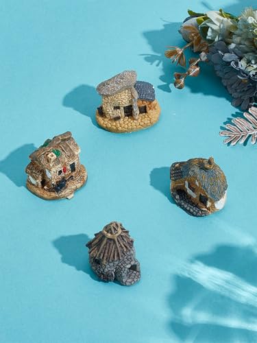 4Pcs Resin Miniature Stone Houses, Mini House Figurines Rustic Building Bonsai Ornament Accessories for Home Office and Garden Decor Micro Landscape, 31~44x33~44x39mm