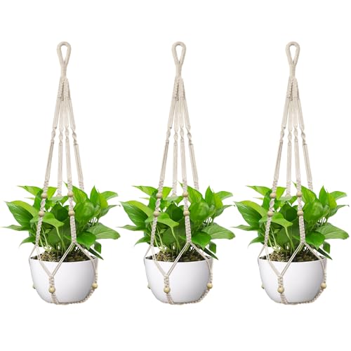 USLAI Macrame Plant Hanger, Fits 4 to 15 Inch Pots, 35 Inch, Ivory, 3 Pack | Strong Hanging Plant Holder for Indoor Outdoor, Boho Home Decor (Pots Not Included) - color: Ivory, size: 35+35+35 Inch