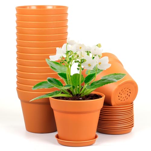 Meowell 4 inch Small Plastic Nursery Pots, 16 Pack Plant Pots for Indoor Outdoor Plants, Flower Pots with Drainage Holes and Saucers, Decorative Seedling Starter Planters for House Plants, Terracotta - color: Terracotta, size: 4inch 16pcs