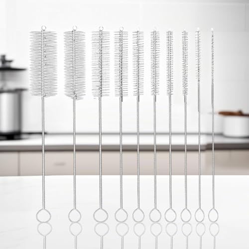 10-Piece Nylon Tube Cleaning Brush Set, Long Straw Brushes for Narrow Neck Bottles and Cups (White, 8 Inch)