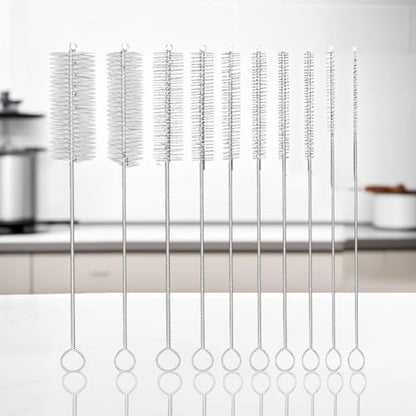 10-Piece Nylon Tube Cleaning Brush Set, Long Straw Brushes for Narrow Neck Bottles and Cups (White, 8 Inch)