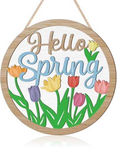 HOURIA 3D Bright Hello Spring Front Door Decor,11.4”Inches Colorful Tulip Flower Wood Hanging Sign for Wreath,Rustic Farmhouse Spring Floral Welcome Decorations for Indoor Outdoor Home Porch Office - color: Hello Spring Wall Decor