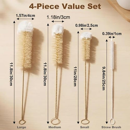 Narrow Bottle Brush Set Small Bottle Brushes Thin Long Handle Bottle Brush | 4 Pack with Natural Boar Bristle & Soft Cotton Tip, 304 Stainless Steel Handle,for Water Bottles, Test Tubes, Straws