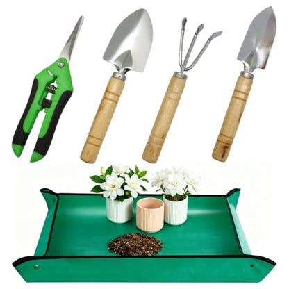 Indoor Plant Tools Set of 5, Included Plant Repotting Mat, Pruning Shear Garden Scissors and Mini Garden Kit for Succulents, Bonsai, Houseplant Transplanting (Green) - color: Green