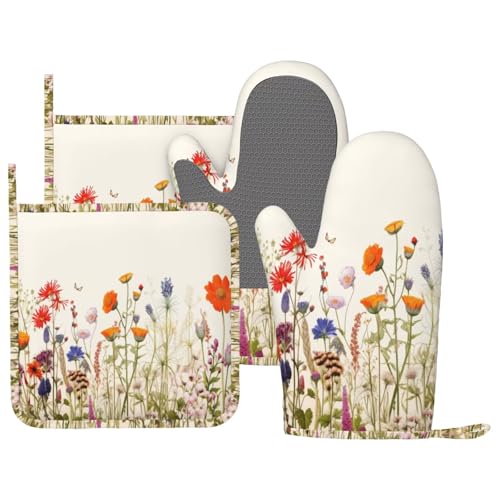 Wildflower Floral Oven Mitts and Pot Holders for Heat Resistant Vintage Garden Flowers Silicone Oven Mittens and Potholders Gloves Hot Pads for Kitchen Cooking Baking Grilling BBQ - color: Orange
