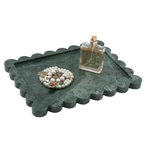Scalloped Marble Tray, 11"x8" Marble Vanity Tray for Jewelry Trinket Cosmetics Perfume Candle, Luxury Decorative Trays for Bathroom Kitchen Dresser Countertop - color: Medium Green, size: 10.8" x 8" x 0.7"