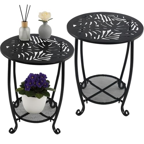 2-Tier Metal Round Side Table Set of Two Black Accent Coffee Tables Small Space Corner Plant Stand Shelf for Indoor Outdoor Porch Patio Balcony Living Room End Table with Storage Weather-Resistant - color: Black Tropical Monstera, size: 17.5"H x 13"D - 2