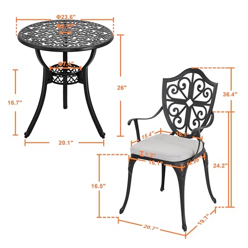 NUU GARDEN Outdoor 3-Piece Bistro Set with Cushions, Round 24 Inch Cast Aluminum Bistro Table with 2.17" Umbrella Hole, 2 Cast Aluminum Bistro Chairs, for Patio, Garden, Backyard and Balcony, Black - color: Bistro With Gray Cushion