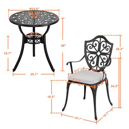 NUU GARDEN Outdoor 3-Piece Bistro Set with Cushions, Round 24 Inch Cast Aluminum Bistro Table with 2.17" Umbrella Hole, 2 Cast Aluminum Bistro Chairs, for Patio, Garden, Backyard and Balcony, Black - color: Bistro With Gray Cushion