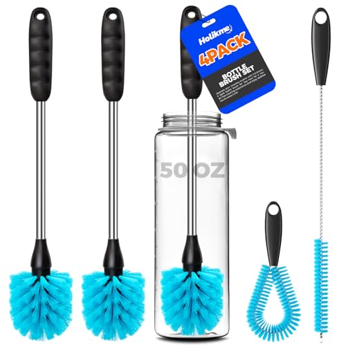 Holikme 4 Pack Bottle Brush 14.5" Long Handle Stainless Steel Brush,Blue | Long-Handled 4-in-1 Stainless Steel Bottle Brushes for Water Bottle, Cups, Straw Cleaner Brush - color: Blue