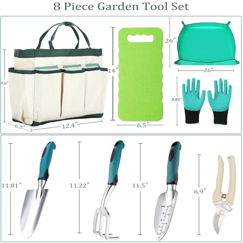 8-Piece Heavy-Duty Gardening Tools Set with Tote Bag - Rust-Proof Aluminum Gardening Hand Tools with Ergonomic Non-Slip Rubber Grips - Gardening Supplies Set Ideal Gift for Men & Women