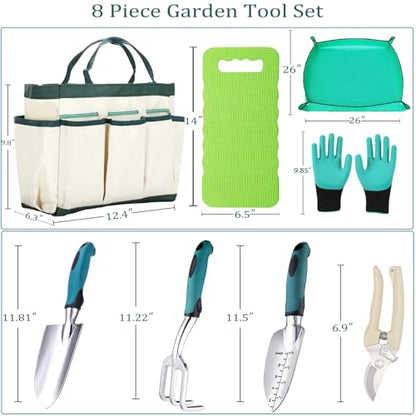 8-Piece Heavy-Duty Gardening Tools Set with Tote Bag - Rust-Proof Aluminum Gardening Hand Tools with Ergonomic Non-Slip Rubber Grips - Gardening Supplies Set Ideal Gift for Men & Women