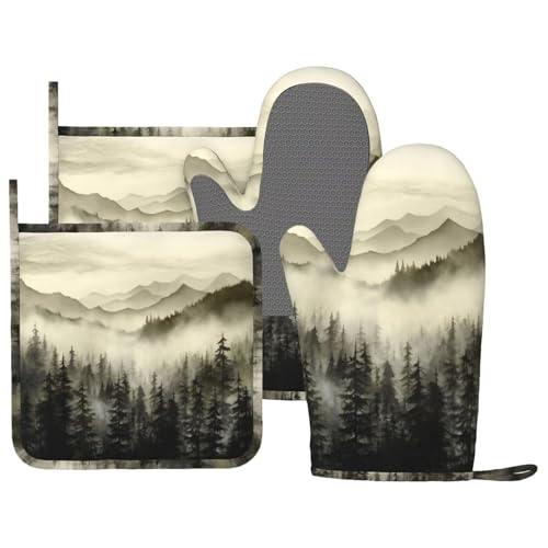 Misty Forest Landscape Oven Mitts and Pot Holders for Heat Resistant Silicone Foggy Forest with Mountains Oven Mittens and Potholders Gloves Hot Pads for Kitchen Cooking Baking Grilling BBQ - color: Black