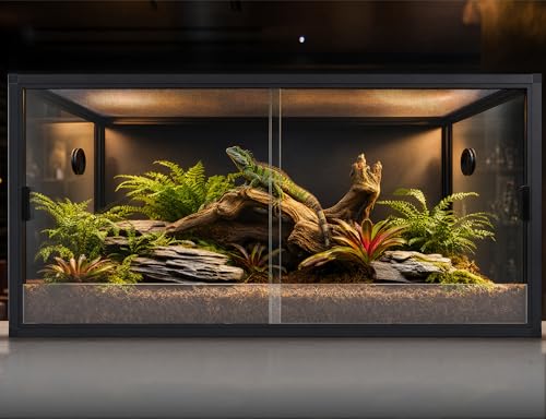 120 Gallon Reptile Tank, 4x2x2 Reptile Enclosure for Bearded Dragon, Snake, Ball Python & Chameleon, Aluminum Alloy Reptile Terrariums Cage with Front Sliding Tempered Glass Doors - color: Black