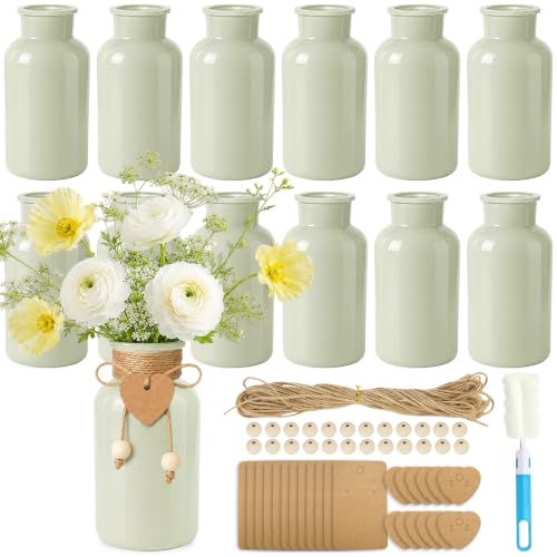 TBWIND Mason Jar Vases for Centerpieces, 12PCS Sage Green Glass Flower Vase - color: Light Sage Green