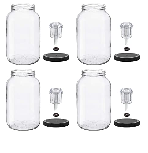North Mountain Supply 1 Gallon Glass Jar Wide Mouth with Grommeted Black Plastic Lid, and 2-Piece Airlock - USDA, BPA-Free, Made in the USA - for Fermenting, Kombucha, and Much More! - Case of 4
