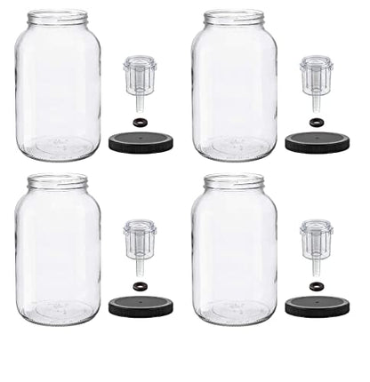 North Mountain Supply 1 Gallon Glass Jar Wide Mouth with Grommeted Black Plastic Lid, and 2-Piece Airlock - USDA, BPA-Free, Made in the USA - for Fermenting, Kombucha, and Much More! - Case of 4