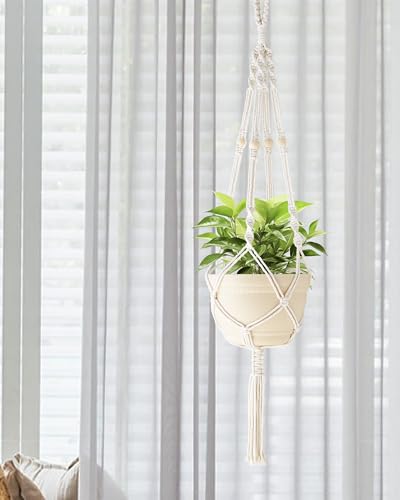 41 Inch Macrame Plant Hanger Indoor Hanging Plant Holder Ivory 2Pcs | Macrame Hanging Planter with Wood Beads and Tassels,Boho Home Decor, Indoor & Outdoor Use, Pots Not Included