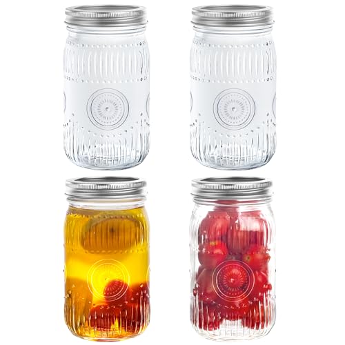 Amzcku 32 oz Vintage Mason Jars with Lids, Regular Mouth Canning Jar, Safe For Storage, Canning, Pickling, Preserving, Fermenting, DIY Crafts & Decor 4 Pack - size: 32OZ 4Pack