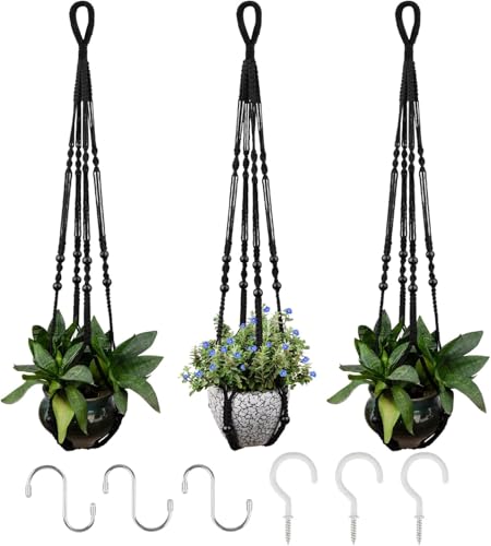 RIFNY Macrame Plant Hanger Indoor, Hanging Plant Holder, Black, 3 PCS | 35 Inch Hanging Planter with Hooks, Fits 5-10" Pots, Suitable for Ceiling, Wall and Window Indoor Plant, Boho Home Decor - color: Black, size: 35 Inch 3pcs