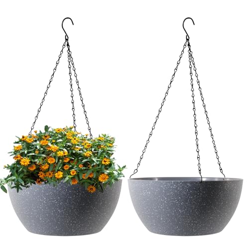 WSMKSZ 13 inch Large Hanging Planters Plant Pots for Outdoor Indoor Plants with Drainage Holes and Chain, 2 Pack Round Hanging Flower Pots for Garden Home Porch Decor, Speckled Grey - color: Speckled Grey, size: 13inch 2pcs