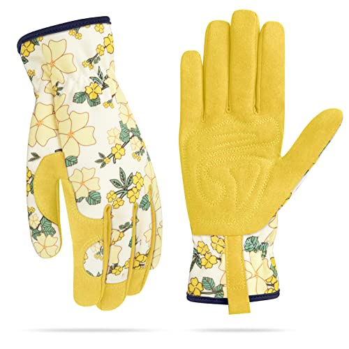 Womens Gardening Weeding Working Gloves, Leather Garden Glove for Women Thorn Proof No Stab for Digging, Planting,Pruning - color: Yellow-medium