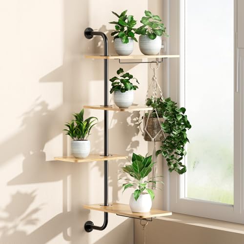 DELLAN 4-Tier Window Plant Shelves, Rotating Wall Mounted Plant Shelf | Wall mounted indoor hanging plants shelf & window sill plant shelf. Perfect multi-functional holder for flower pots - color: 4-tier Wood