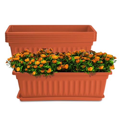 HOXHA 6 Pcs Window Box Planter, 17" Rectangular Planter Box, Brick Red | Sturdy Plastic Planter Boxes, Outdoor Indoor, Vegetable Flower Pots, for Windowsill, Patio, Porch, Garden Balcony, Gardening - size: Brick red - 6 pack