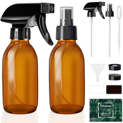 Tecohouse Small Glass Spray Bottles 4 OZ, 2 Pack Amber Glass Spray Bottles | Empty Spray Bottles for cleaning, Plants, Pets, Hair, Durable Spray Nozzle, Fine Mist, Labels, Funnel, Pipettes, Reusable - color: Amber