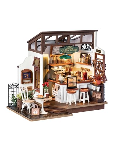 Rowood Coffee Miniature House Kit, Mother's Day DIY Miniature Dollhouse Kits for Adults to Build, Wooden Mini House Model Kits Adults Crafts with LED, Gift on Christmas Birthday for Family-NO.17 Cafe - style: NO.17 Café