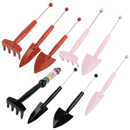 9 Pack Beadable Garden Tools Mini Metal Shovel Rake Black Red Pink | for Plant Potted Flower - color: Black & Red & Pink, size: 9 Pack