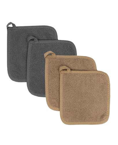 RITZ Terry Potholder & Hot Pad: Unparalleled Heat Resistant, Durable 100% Cotton – Ergonomically Designed for Optimal Grip – Easy-Care Machine Washable – 4-Pack, Mocha/Graphite - color: Mocha/Graphite, size: 4-Pack Multi-Color