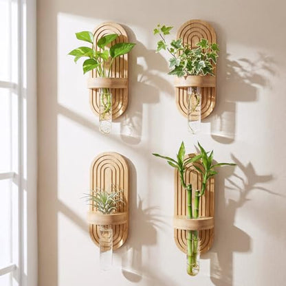Beeveer 4 Sets Hanging Plant Propagation Stations Bamboo Wood Wall Mounted Test Tube Vase Rustic Decorative Glass Planter Holder Gift for Women Plant Lover Hydroponic Flowers Home and Office Decor