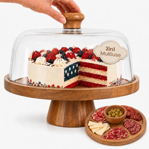 Acacia Wood Cake Stand with Lid Anti-Mold 12 Inch - 2-in-1 Wooden Charcuterie Board - Covered Dessert Plate with Acrylic Dome - Vintage Pastry Display -Tall Domed Serving Stand Platter - Brown - size: Brown – Fixed Base