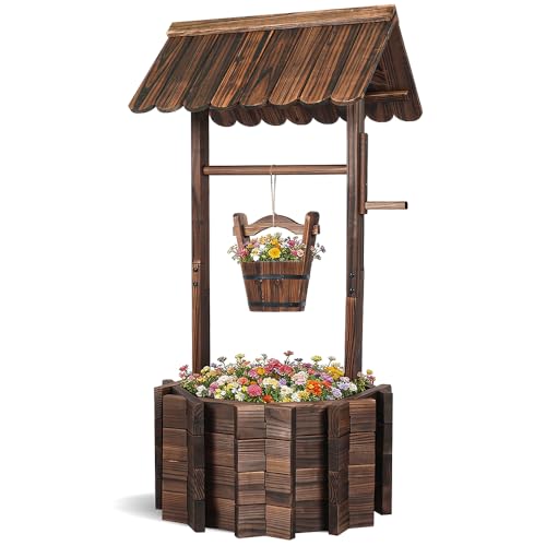 Wooden Wishing Well Planter for Outside,2-Tier Rustic Garden Decor | Weather-Resistant, Wavy Eaves Design, Hanging Bucket,Quick Assembly, Spacious Root Space, Patio Lawn Backyard Use - color: Carbonizing